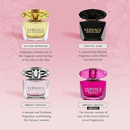 Versace Perfume for Women Set of 4 Mini, Bright Crystal, Yellow Diamond, Crystal Noir, Bright Crystal Absolu, Perfume for Women Fragrance Sampler Set Designer Womens Samples (4 Count, 0.17 oz)
